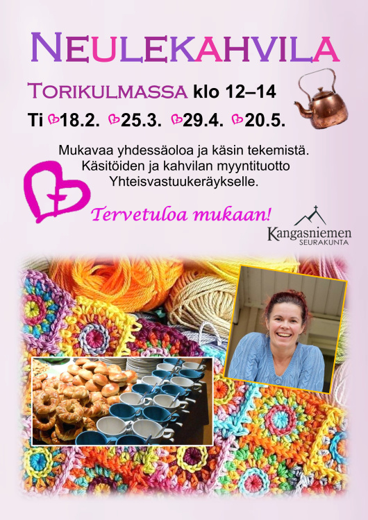 Diakonian Neulekahvila Eija-diakonissan kuva, virkattuja neliöitä ja lankoja, yhteisvastuun logo