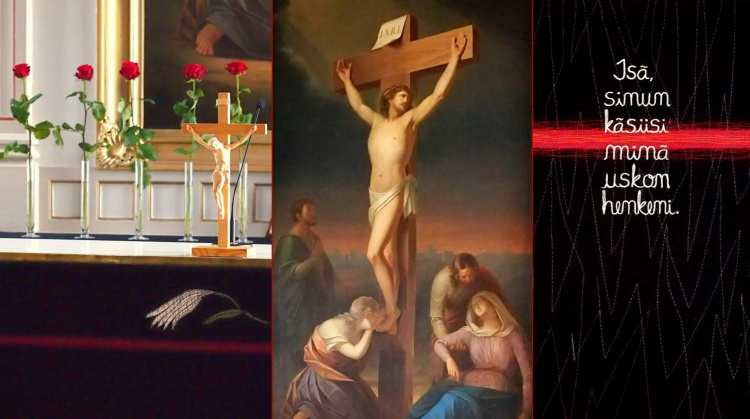 Pitkäperjantain sanajumalanpalvelus mustat kirkkotekstiilit ja keskellä alttaritaulun ristiinnaulittu Jeesus