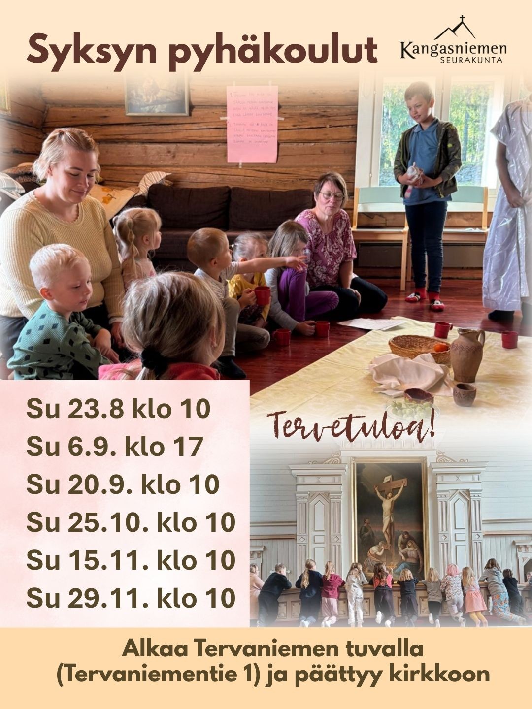kirkon alttarilla lapsia, pyhäkoulun väkeä aikuisia ja lapsia Tervaniemen tuvalla