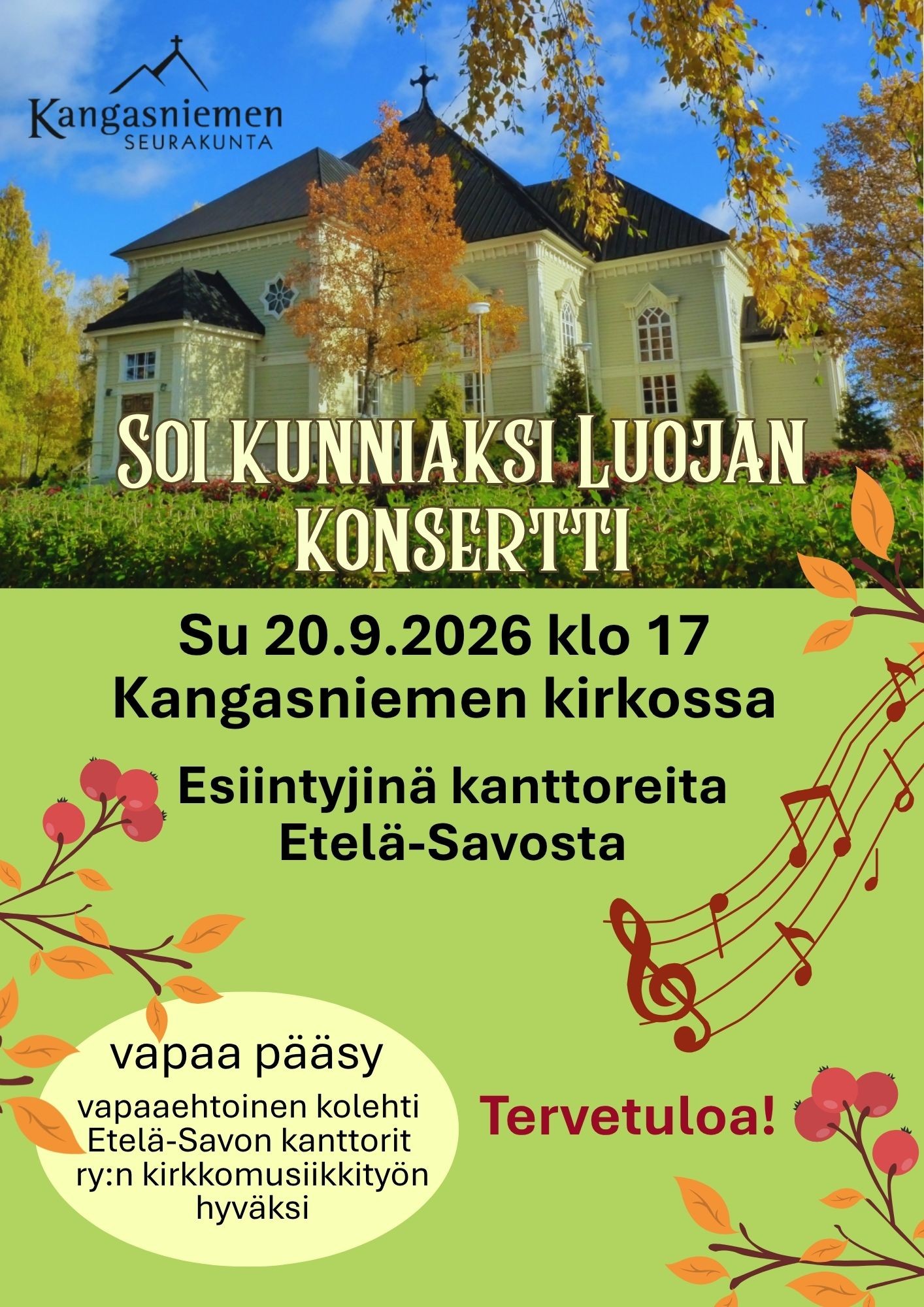 taustalla kirkon syksyinen kuva, nuotteja, syksyisiä lehtiä